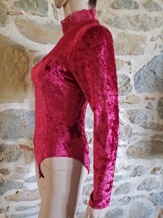 Red crushed velvet bodysuit, high leg onesie with… - image 5
