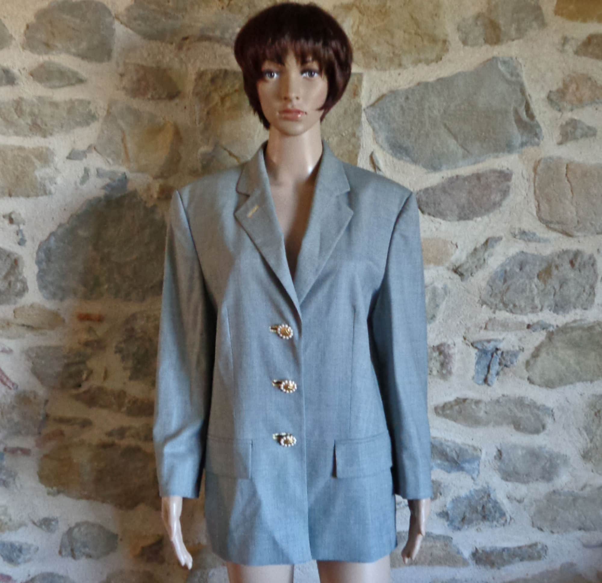 Louis Feraud Vintage Wool Jacket: 80s French Designer, Floral Buttons (FR38, US6)