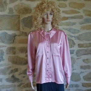 Vintage 80s Pink Satin Blouse: Bow Tie Collar, Size Medium