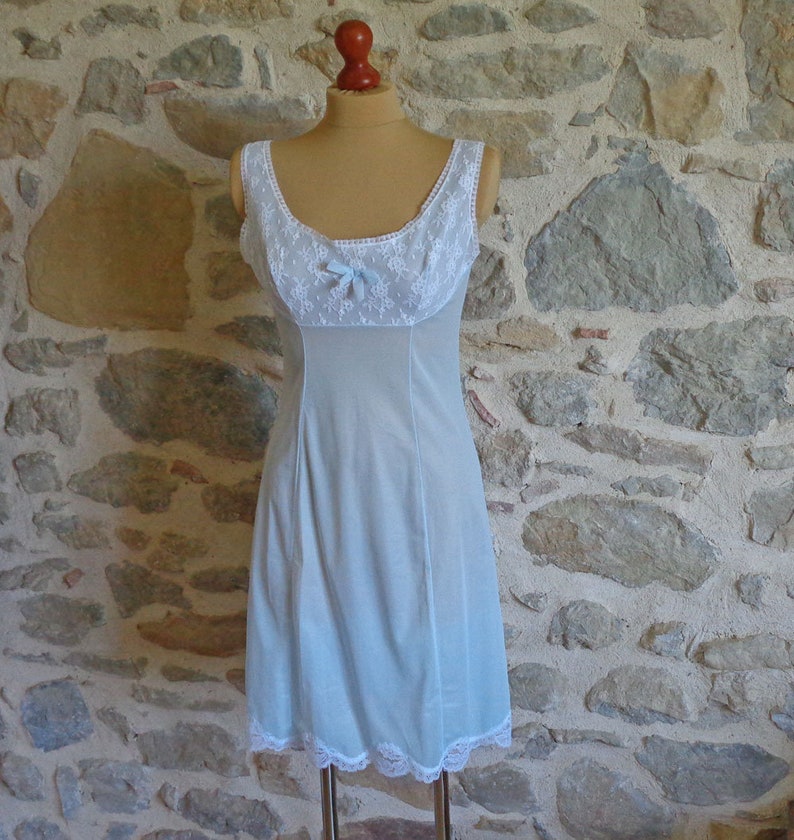 Blue dress slip with white lace size FR44 UK12 US8