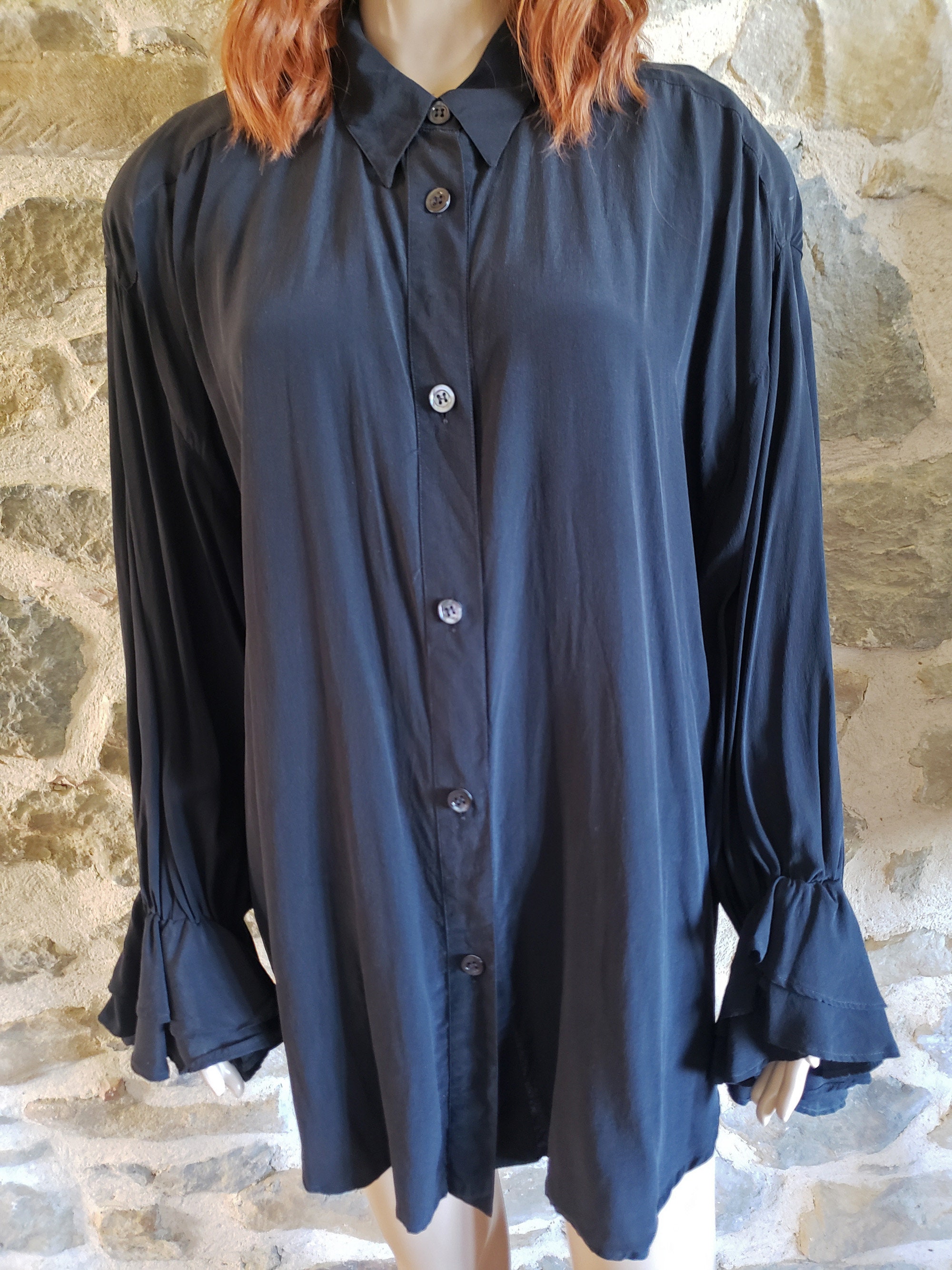 80s Ruffle Shirt, Black Silk New Romantic Blouse by Sportmax 