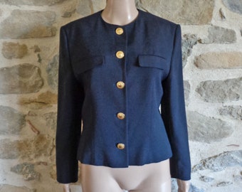 Jaqueta Viyella azul marinho, jaqueta curta francesa vintage de grife, tamanho UK10, US8, EUR36