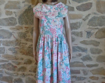 Vestido de algodón floral rosa, vestido de día de los años 80 de los años 50