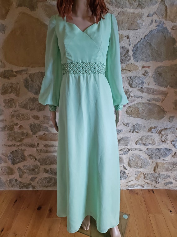 70s Green Maxi Dress: Handmade Chiffon Gown, Metallic Embroidery, Seed  Pearls, Long Sleeve - Etsy Israel