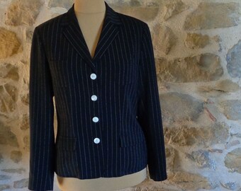 Cacharel black pin striped jacket, designer vintage French women&#39;s jacket, US10, UK14, FR44