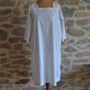 Antique French nightdress with cutwork embroidery, monogram, square neckline, large size