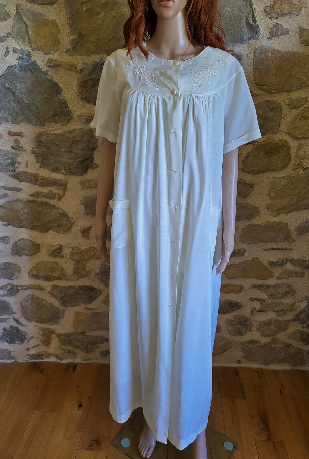 Nighty Robe Long Nightie and Robe Set, Hand Embroidered Cream Nightwear, Size FR42 ...