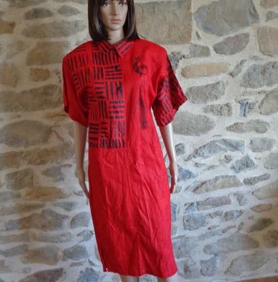 80s Red Dress African Style Dress Afritude Dress With Shoulder Pads and Pockets Etsy