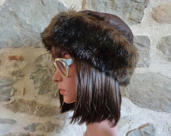 Chapeau en cuir et fausse fourrure, chapeau d'hiver français vintage, chapeau Willys Paris