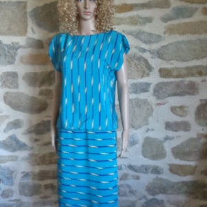 1980s blouson top dress, blue stripe button back dress, Maggy Boutique