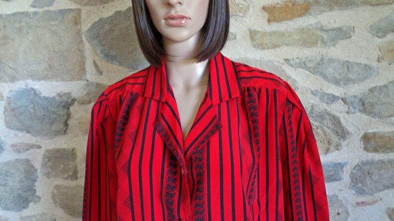 80s red blouse with black striped pattern size 2 medium