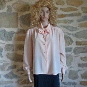 Pale pink blouse with neck ties, 1980s vintage blouse, large size