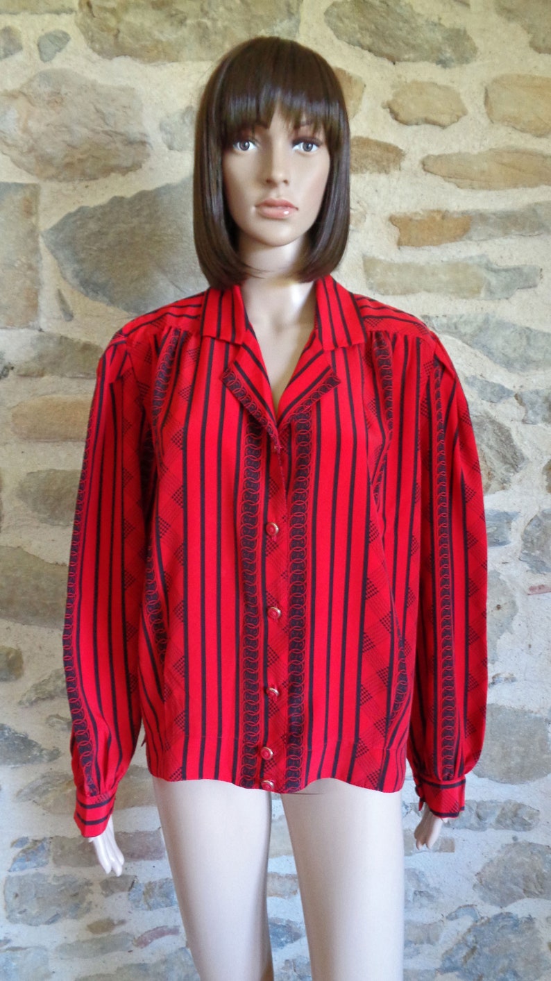 80s red blouse with black striped pattern size 2 medium