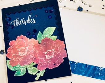 Thank you card, flower, sequins, purple, blue, black card