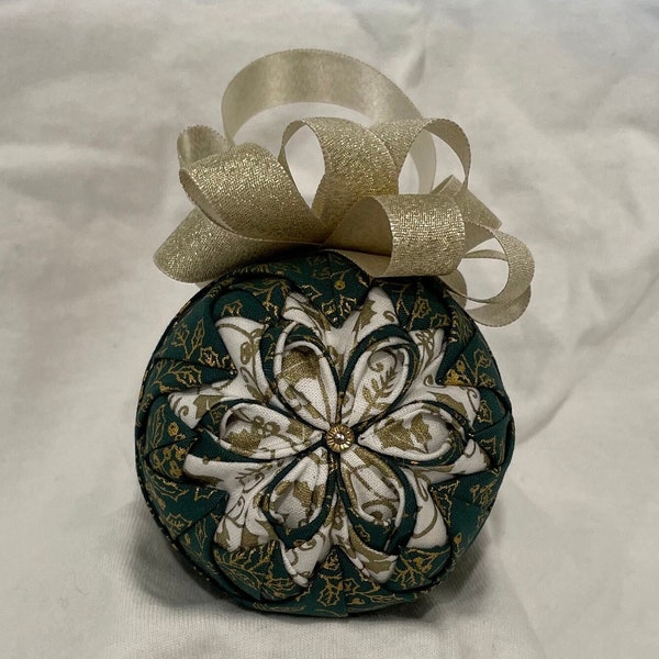 Green and White Flower Quilted Christmas Ornament