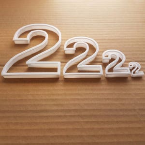 May include: Four white plastic cookie cutters shaped like the number 2. The cutters are arranged in a row from largest to smallest.