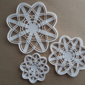 Può includere: Tre tagliabiscotti in plastica bianca a forma di atomi, con il tagliabiscotti più grande che misura circa 12,5 cm di diametro.