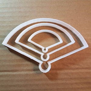 May include: White plastic cookie cutter shaped like a baseball field. The cutter has three layers, with the largest layer forming the outer edge of the field, the middle layer forming the infield, and the smallest layer forming the pitcher's mound.