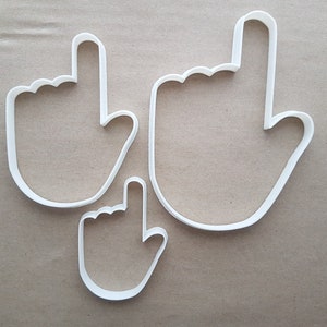 May include: Three white plastic cookie cutters shaped like pointing hands. The cutters are of different sizes.