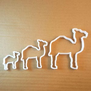 May include: Four white plastic camel cookie cutters of different sizes. The cutters are arranged in a row from smallest to largest.