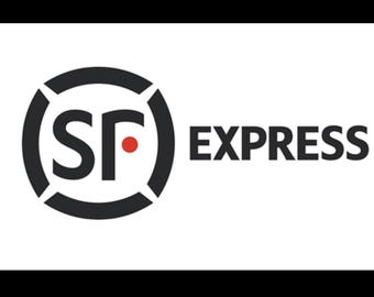 May include: The SF Express logo features a black and white circular design with the letters "SF" and a red dot in the center. The word "EXPRESS" is written in black, sans-serif font to the right of the logo.
