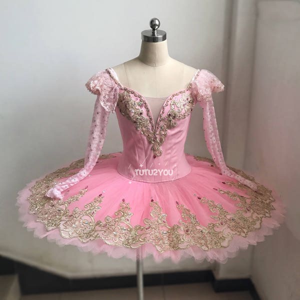 PK-007 Professional Pink Gold Lace Platter Ballet Tutu Aurora Fairy YAGP