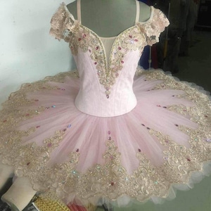 PK-005 Professional Pink Gold Lace Platter Ballet Tutu Aurora Fairy YAGP