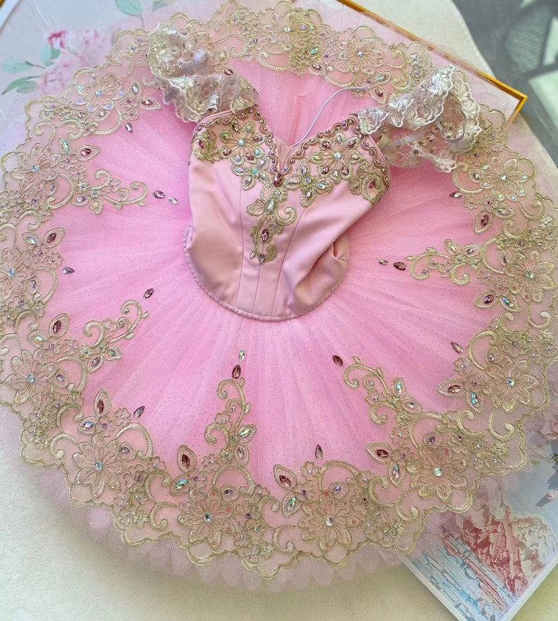 PK-005 Professional Pink Gold Lace Platter Ballet Tutu Aurora Fairy YAGP image 6