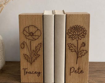 Personalised Birth flower Bookend | Custom Gift | Solid Oak Laser Engraved Birthday  Gift