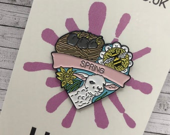 Spring Heart Enamel Pin | Bee, Lamb, Sheep, Flowers, Birds | Stocking Filler Gift | Lapel Pin, Badge |  Gift