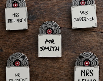 Personalised Music Teacher Name Badge | Vinyl Record Enamel Name Tag | Custom Laser Engraved Teacher Pin | Staff Badge