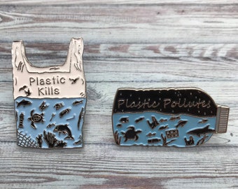 Charity Pin | Set of 2 Pins | Plastic Pollutes + Plastic Kills Enamel Pin | Environment Marine, Sea Life | Stocking Filler Gift | Lapel Pin