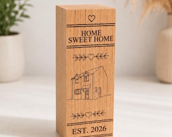 Personalised New Home Bookend | Custom House Portrait Gift | Solid Oak Laser Engraved Housewarming Gift