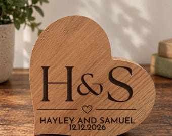 Personalised Oak Heart Plaque, Engraved Couples Initials & Names Solid Wood Heart Wedding, Anniversary Engagement Gift
