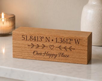 Personalised Coordinates Wooden Block | Custom GPS Location Gift | Our Happy Place Wood Sign