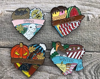 Set of 4 Seasons Heart Enamel Pin | Spring, Summer, Autumn, Winter | Stocking Filler Gift | Lapel Pin, Badge |