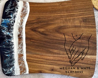 Personalised Couple Hands Name Cheese Board Engraved | Wood and Resin | Wedding, Anniversary