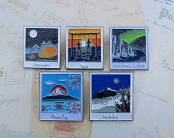 Photograph Enamel Pins Set of 3 or 5 | Wanderlust Travel | Mountains, Ocean, Camping || Stocking Filler Gift | Lapel Pin, Badge |