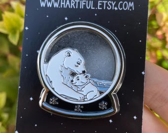 Polar Bear Snow Globe Shaker Enamel Pin – Moving with White Glitter Snow