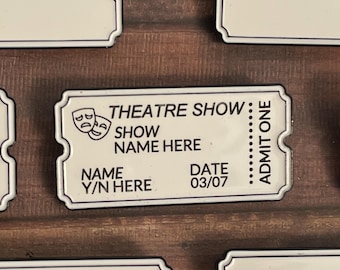 Customisable Theatre Show Ticket Enamel Pin | Personalised Engraved Ticket Badge. West End, Broadway