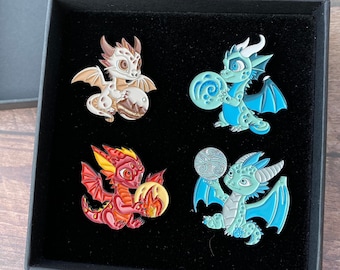GIFT SET Set of 4 Elemental Dragon Glitter Enamel Pins in Box, Crystal Ball Dragon Pins, Collectible Enamel Dragon Pins