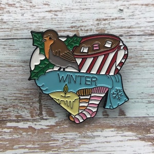 Winter Heart Enamel Pin: Hot Chocolate, Robin Badge