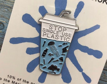 Charity Pin Stop Single Use Plastic Takeaway Drink | Enamel Pin / Brooch | Environment Marine, Sea Life, Plastic Pollution| Stocking Filler