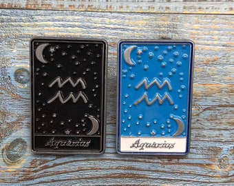 Aquarius | Tarot Horoscope Cards | Colours And Black and White | Star Sign, Moon, Stars | Gift | Lapel Pin, Badge |