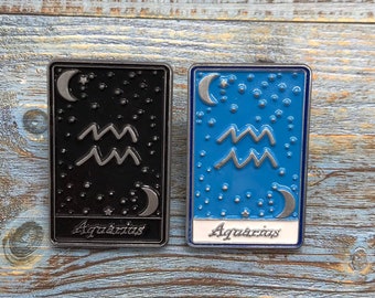 Aquarius | Tarot Horoscope Cards | Colours And Black and White | Star Sign, Moon, Stars | Stocking Filler Gift | Lapel Pin, Badge |