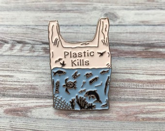 CHARITY PIN | Plastic Kills Enamel Pin / Brooch | Environment Marine, Sea Life, Plastic Pollution| Stocking Filler Gift | Lapel Pin, Badge |