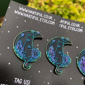 Rainbow Metal Cat on Moon Enamel Pin: Glitter Crystals Badge
