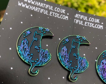 Rainbow Metal Cat sat on Moon Enamel Pin | Crystals, Moon Badge | Gift | Lapel Pin, Badge |  Gift