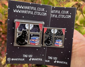 Set of 2 - Stars Night Cat Book Enamel Pin, Starry Cosy Lapel Pin. Moving, Glitter Enamel Pins
