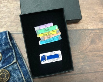 GIFT SET | Set of Two | Book Stack and Book Powered Enamel Pin | Gift | Lapel Pin, Badge |  Gift